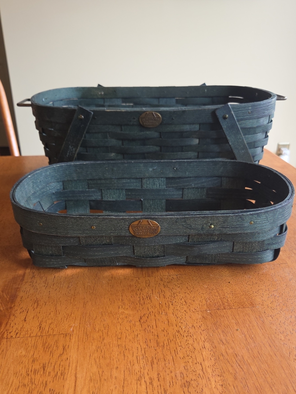 Peterboro Forest Green Oval Woven Wood Baskets with Brass Medallions - Set